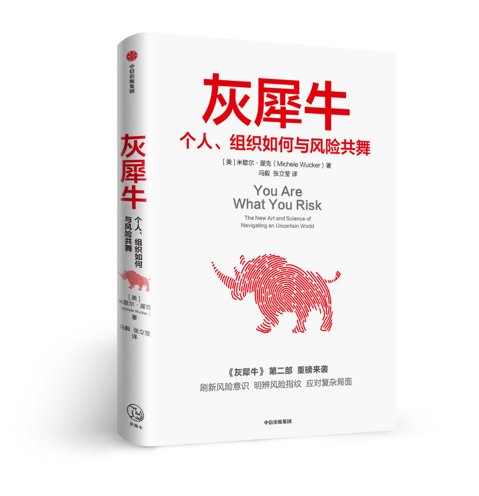 Cover of white book cover with red simplified Chinese characters for "GRAY RHINO 2" and image of fingerprint superimposed on a rhino